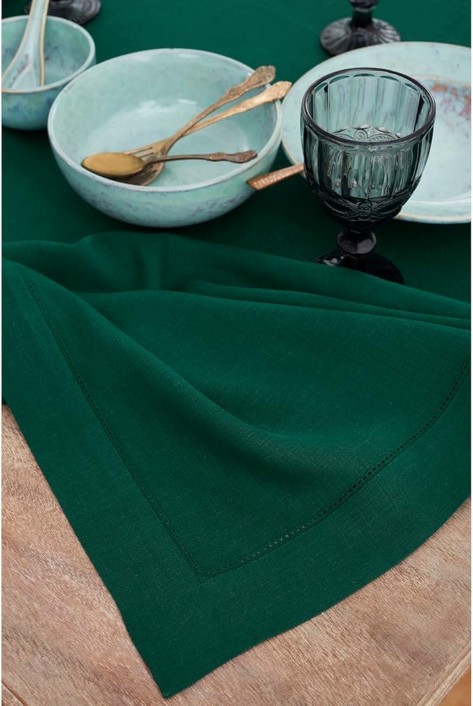 Solino Home Linen Placemats Set of 4 - Classic Hemstitch Rainforest Green Placemats 14 x 19 Inch - 100% Pure Linen Table Mats for Winter, St Patricks Day