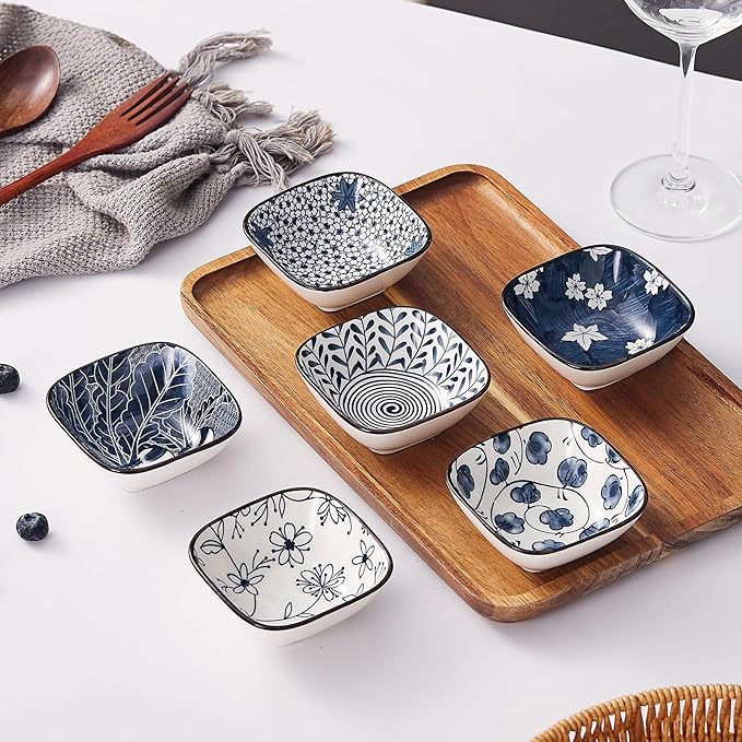 Japanese Style Ceramic Dipping Bowl,3.3'' Small Soy Sauce Dish for Condiments,Blue and White Small Bowl for Ketchup Stackable Side Dish Ramekins- Set of 6 (3.3 inch)