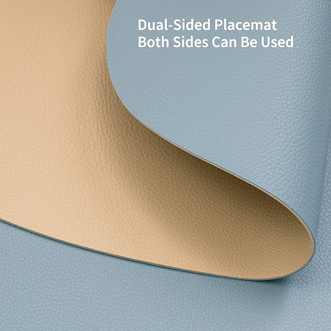 Myir JUN Round Placemats Set of 4 Faux Leather Place Mats and Coasters 15 inch Round Table Mats Dual Sided Non-Slip Stain Resistant Placemats (Camel Yellow & Blue, Set of 4)