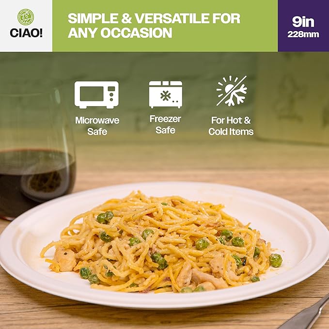 CIAO! 9" Heavy Duty Plate 100% Compostable PFAS Free Unbleached Bagasse Natural White (Pack of 500)
