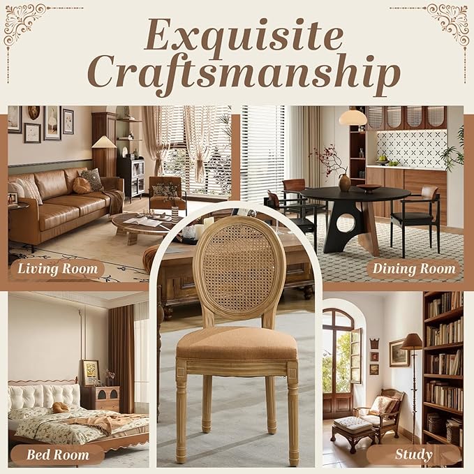 SoarFlash French Dining Chairs Set of 4, Vantage Dining Chair with Round Back, Wood Leg Farmhouse Country Rattan Dining Chair for Kitchen,Bedroom,Brown