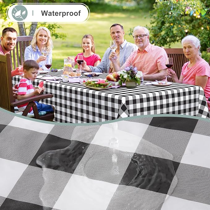 misaya Rectangle Waterproof Vinyl Table Cloth, Buffalo Flannel Backed Tablecloth, Wipeable Plastic Table Cover for Christmas (70" x 108", Black and White)