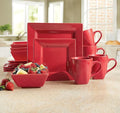 Montgomery Ward 16-Piece Sleek Red Square Dinnerware Set for 4 - Modern Stoneware Plates and Bowls Set (Red)
