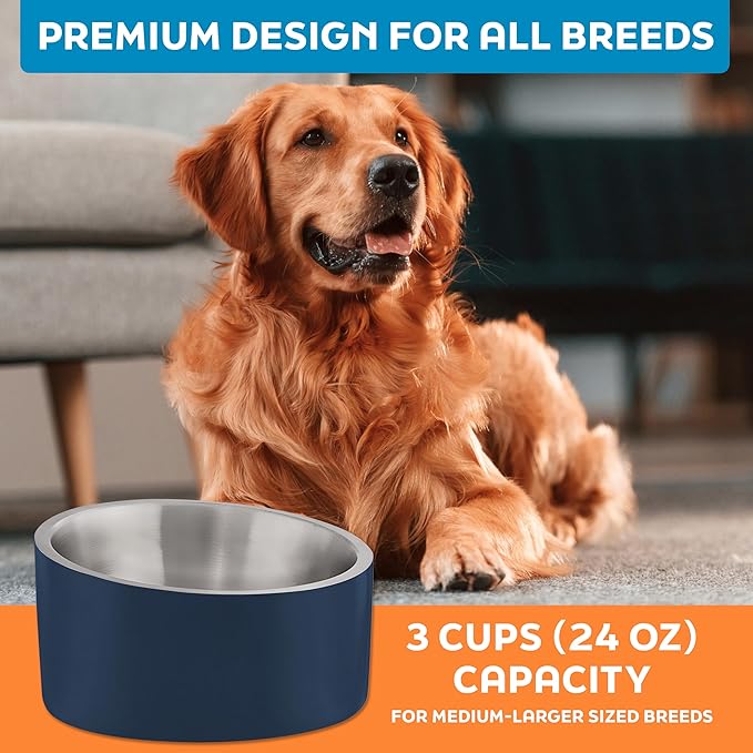 Master Pet Supply Stainless Steel Slanted Dog Cat Food Bowl - 24 oz Heavy Duty - Navy Blue, Double Wall Insulated, Non-Slip Elevated Bowl for French Bulldogs Pugs Cats, Anti Rust Dishwasher Safe