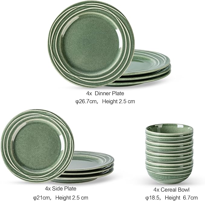 GBHOME Ceramic Dinnerware Sets,12 pcs Embossed Elegant Stoneware Plates and Bowls Sets, Housewarming Wedding Gift | Dishwasher & Microwave Safe | Dishes Set Service for 4,Dark Green