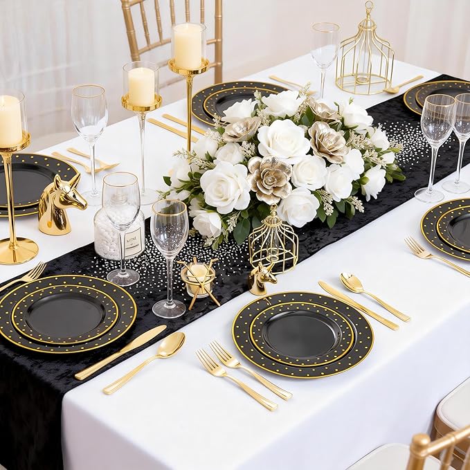 I00000 102 Pcs Black and Gold Plastic Plates, Black Disposable Party Plates Include 51 Dinner Plate 10.25’’ and 51 Dessert Plate 7.5’’ Perfect for Birthday, Wedding & Party