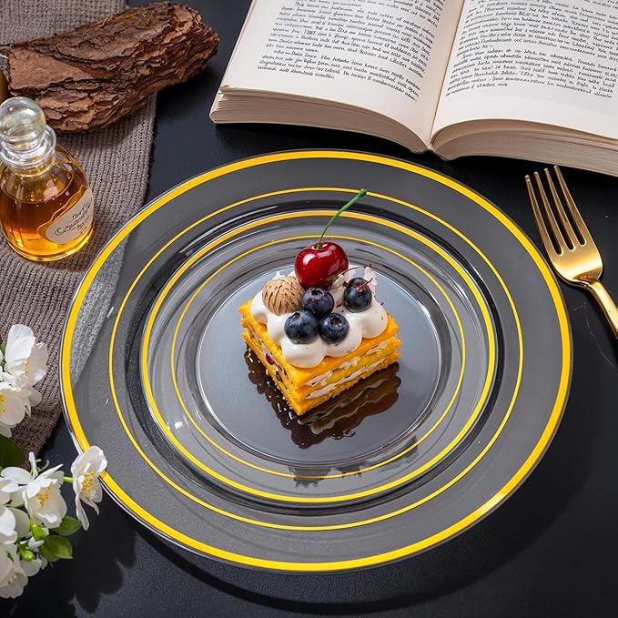 I00000 100PCS Clear Gold Plastic Plates, Clear Dinner Plates with Gold Rim 10 Inch, Fancy Disposable Wedding Premium Plastic Plate for Wedding & Party