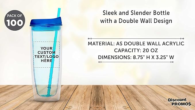 Custom Tall Orbit Acrylic Tumblers 20 oz. Set of 100, Personalized Bulk Pack - Perfect for Iced Coffee, Soda, Other Hot & Cold Beverages - Blue