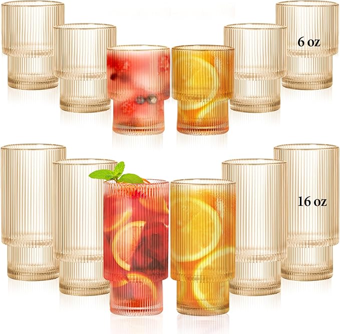 12 Pack Ribbed Drinking Glasses – Amber Glassware Set, 6 Highball 16Oz & 6 Rocks 6Oz Cups, Elegant Ribbed Glassware, Vintage Drinking Glasses For Water, Juice, Cocktails, Whiskey, Beer