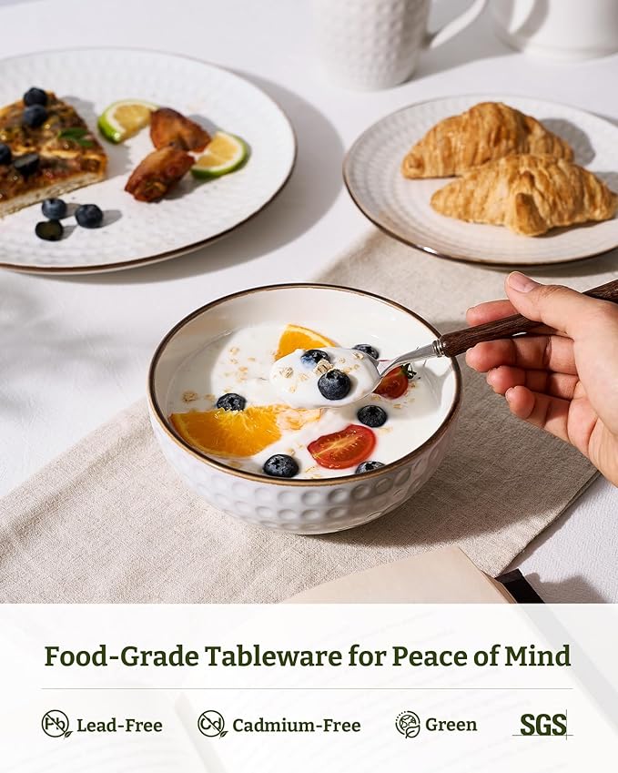 Famiware Eden Plates and Bowls Sets, Stoneware Dinnerware Sets with Gold Trim, 18 Pieces Dishes Set for 6 - Chip and Scratch Resistant, Microwave and Dishwasher Safe, White Circle