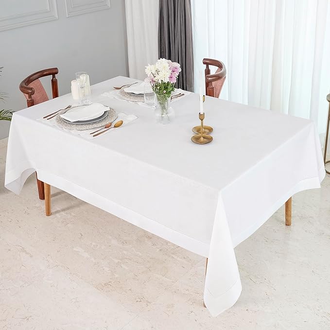 D'Moksha Homes White Linen Tablecloth 60 x 120 Inch - 100% Pure Linen Hemstitch Tablecloth for Rectangle Tables - Classic Hemstitch, Machine Washable Table Cloth for Fall, Autumn and Halloween