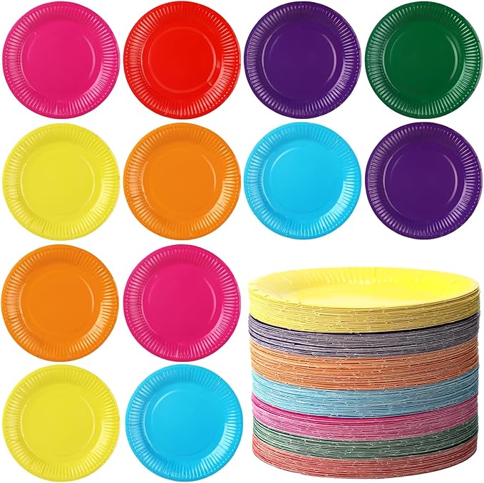 Thenshop 300 Pcs Colorful Paper Plates 7 Inch Disposable Party Plates for Dessert Cake Birthday Party Supplies(Warm Colors)
