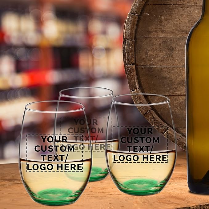 DISCOUNT PROMOS 10 ARC Stemless Wine Glasses Set, 21 oz. - Customizable Text, Logo - Chardonnay, Cabernet, Merlot, Sauvignon - Green