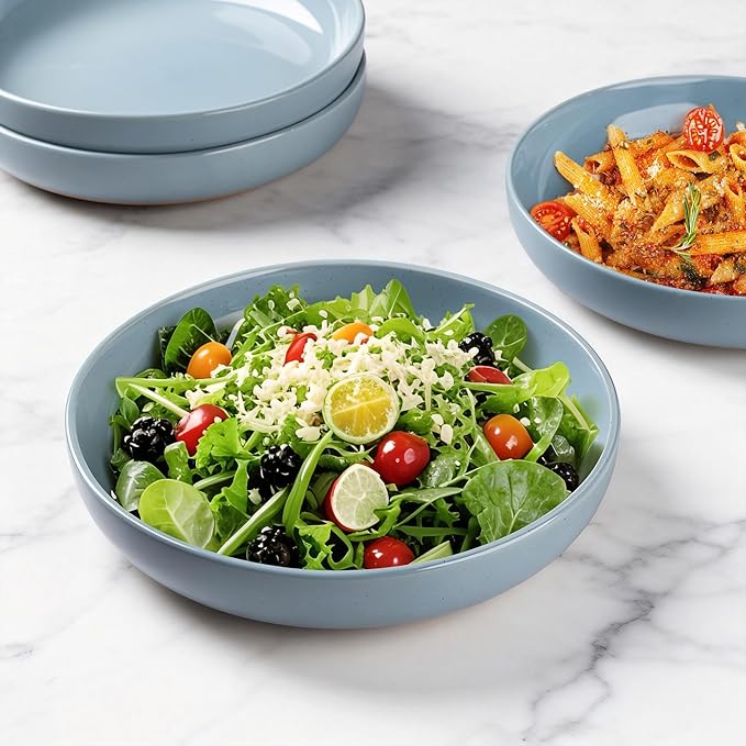 AmorArc 8.75'' Large Ceramic Pasta Bowls, 36oz Handpainted Stoneware Bowls Set of 4, Microwave&Dishwasher Safe Bowls with Rustic Terracotta Underside for Pasta Salad, Blue