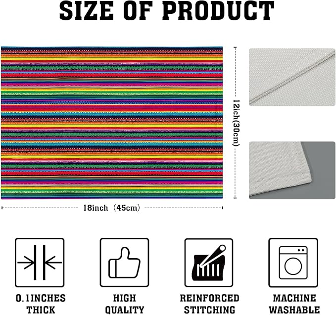Mexican Placemats Set of 4 - Colorful Stripes Place Mats 12x18 Fiesta Tablemats Table Mats for Party Kitchen Dining