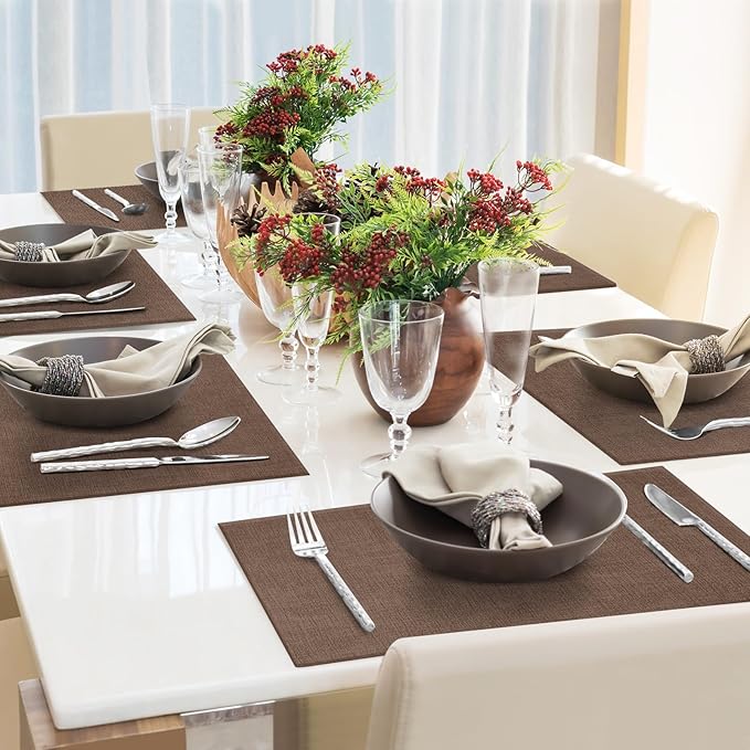 Faux Leather Placemats Set of 4 Washable PU Table mats for Kitchen Table - Heat Resistant, Waterproof, Easy Clean, Anti Slip 11.8" x 17" (Dark Brown-4 Pack)