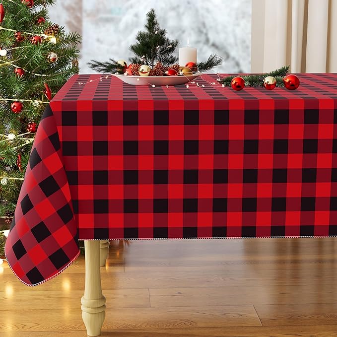 misaya Rectangle Waterproof Vinyl Table Cloth, Buffalo Flannel Backed Tablecloth, Wipeable Plastic Table Cover for Christmas (52" x 70", Red and Black)
