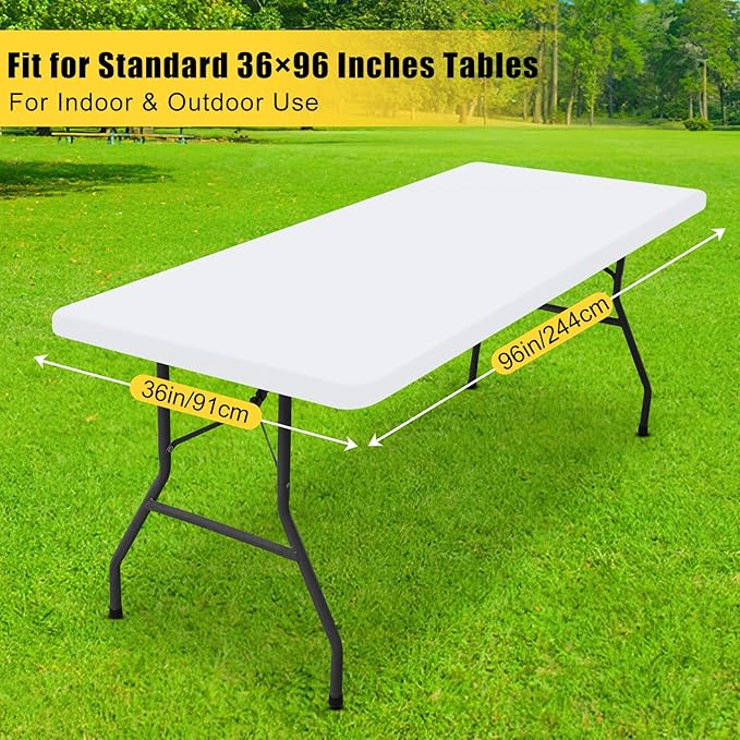 Smiry Rectangle Tablecloth, Elastic Fitted Flannel Backed Vinyl Tablecloths for 8ft Folding Tables, Waterproof Wipeable Table Covers for Indoor, Outdoor, Picnic and Camping (White, 36"x96")