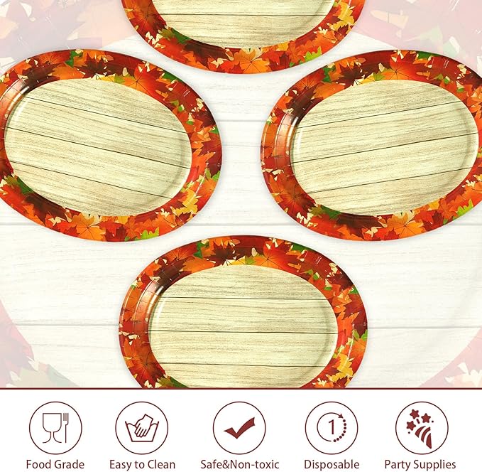 50Pcs Fall Oval Paper Plates 10" x 12" Large Disposable 400GSM Heavy Duty Fall Maple Leaves Wooden Grain Dessert Platters Autumn Party Decorations for Thanksgiving Harvest Holiday Party Supplies
