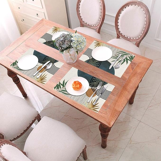 Mid Century Placemats 12x18 Inches Set of 4, Modern Boho Green Navy Blue Tropical Leaf Decorative Rectangle Table Mats for Party, Home Kitchen,Dining Table Decoration