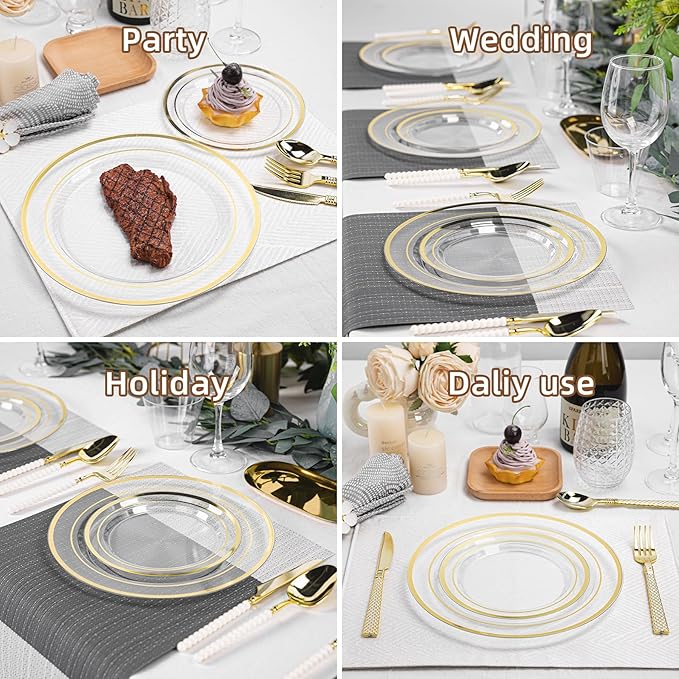 200PCS Clear Plastic Plates with Gold Rim, Disposable Heavy Duty Plastic Plate, 100 Dinner and 100 Dessert Plates for Party and Wedding