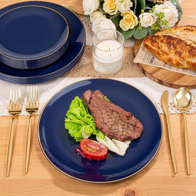 PULOTE 200 Pieces Blue Plastic Plates - Navy Blue and Gold Disposable - Include 100PCS 10 inch Dinner & 100PCS 7 inch Dessert Plate for Party & Hanukkah