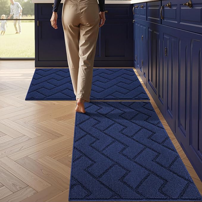 hicorfe Kitchen Rugs and Mats Sets,2 Pieces Super Absorbent Polypropylene Non-Slip Rug,Soft Comfort Floor Mat,Washable for Kitchen,Hallway,Office,Sink,Laundry(24" x 35"+24" x 35",Navy Blue)