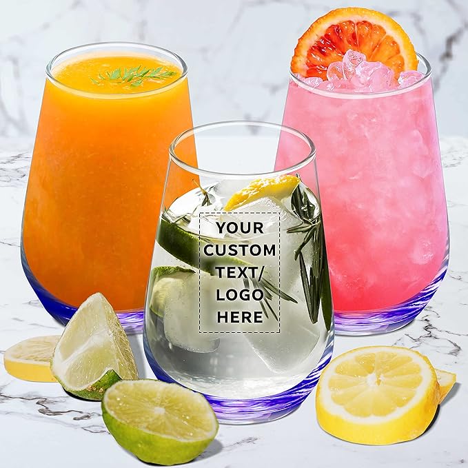 DISCOUNT PROMOS 50 Vaso Silicia Stemless Wine Glasses Set, 16 oz. - Personalized Text, Logo - Clear, Orb-Like, Thick base - Purple