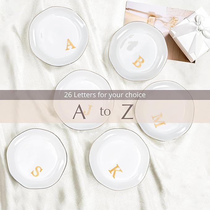 ProCase Ceramic Jewelry Tray, Initial Ring Dish Trinket Plate Engagement Gift, Small Personalized Monogram Ring Bowl for Wedding, White Decorative Jewelry Holder for Women Vanity -Letter P