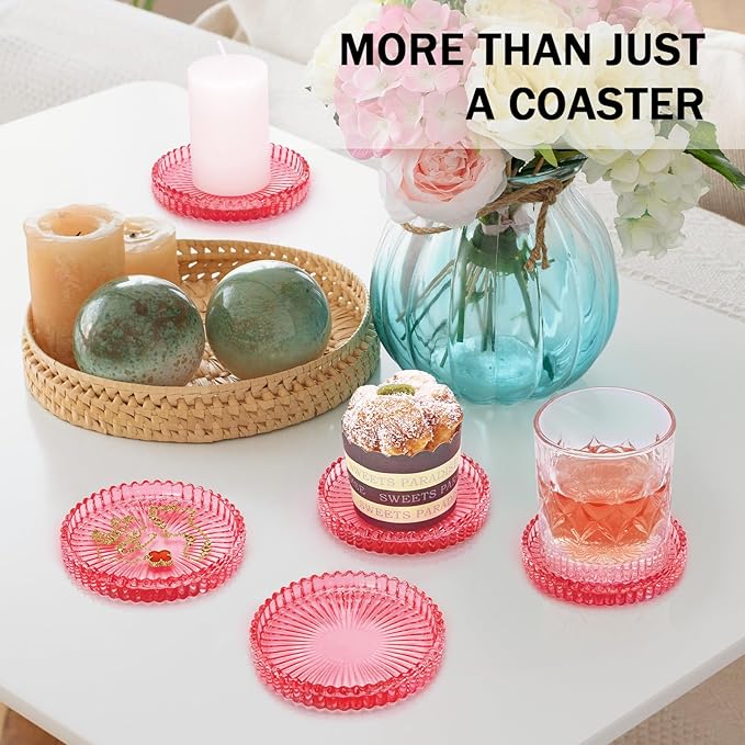 Modern Glass Coasters, GOH DODD Set of 6 Crystal Coasters Tabletop Protection for Drinks, Home Decor, Kitchen, Living Room, Patio, Wedding, Party, Housewarming Gifts, Clear Red