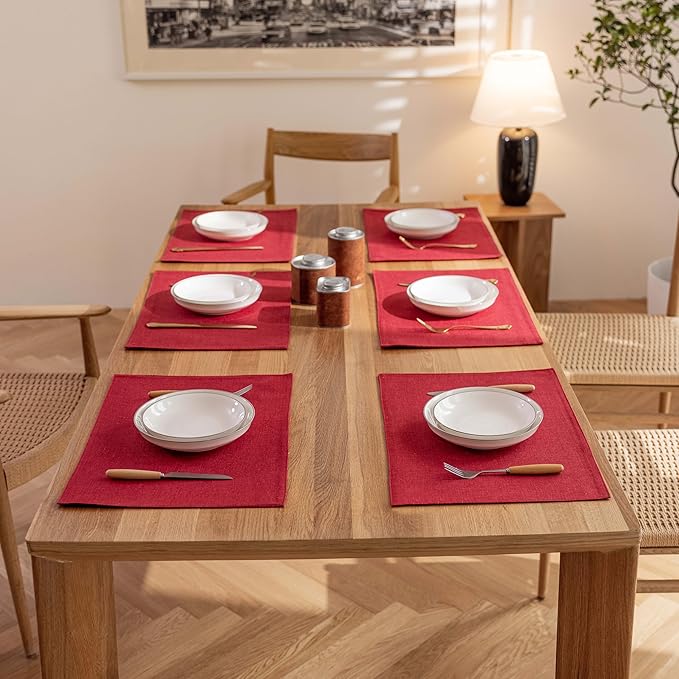 Demetex Valentines Placemats Set of 4 Heat Resistant Red Linen Place Mats Wipeable Cloth Placemats for Party Wedding Holiday Dinner, 13 x 19 inches, Wine Red