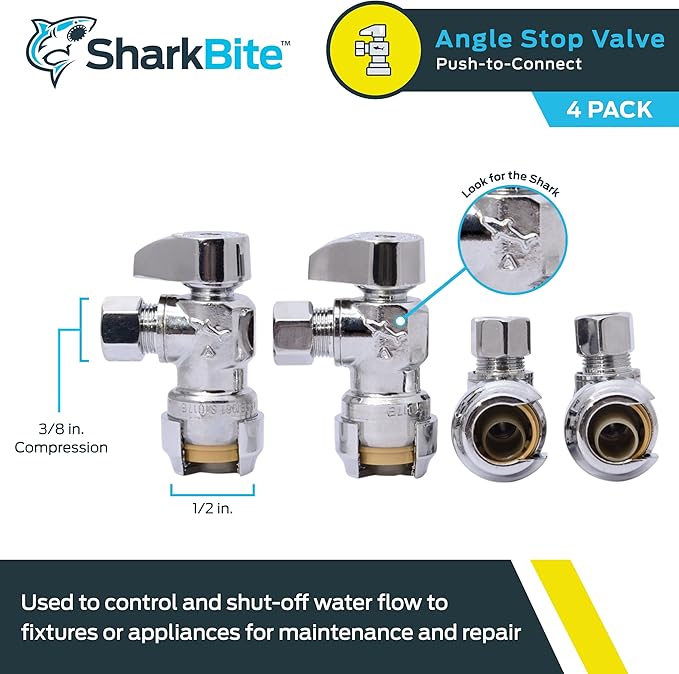 SharkBite 1/2 x 3/8 Inch Compression Angle Stop Valve, Pack of 4, Quarter Turn, Push to Connect Brass Plumbing Fitting, PEX Pipe, Copper, CPVC, PE-RT, HDPE, 23036LFA4
