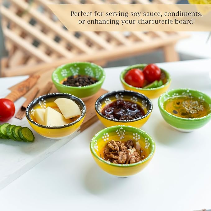 Ceramic Small Dipping Bowls Set of 6, 3.5 Oz Soy Sauce Dish, Handmade Charcuterie, Colorful Pinch, Dishwasher & Microwave Safe Sauce, 3.2'' Mini (OLIVE BRANCH)