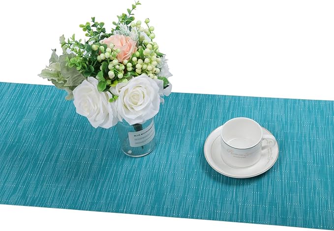 SHACOS Woven Vinyl Table Runner Indoor Outdoor 12x71 inch Kitchen Dining Table Runners Wipe Clean Washable PVC Table Runner, Teal Blue