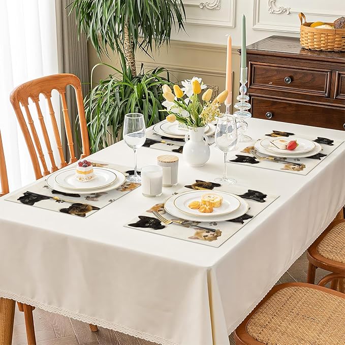 Cat Placemats Set of 4, Cute Black Cats Table Mats, Animal Washable Place Mats for Coffee Bar Home Party Indoor Kitchen Dining Table Decoration 12x18 Inch