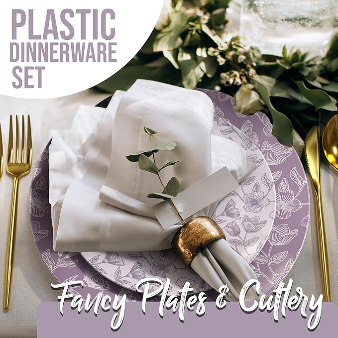 Trendables Fancy Plastic Dinnerware Sets 200 Pc 40 Guests Gold Silverware Disposable 40 X 10 Inch Charger Plates 40 X 8 Inch Dessert Plates 40 x Gold Plastic Forks and Spoons Knives In Blossom Circle