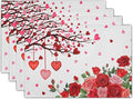 Giwawa Valentine's Day Placemats, Romantic Love Hearts Tree Branches Rose Floral Table Mat, Heat Stain Resistant Linen Place Mats for Kitchen Dining Wedding Anniversary Decor, 12"x18", Set of 4