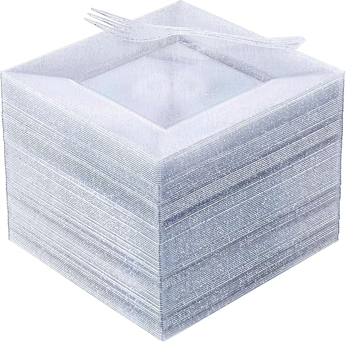 DaYammi 100Pcs Dessert Plates Set Including 50Pcs Cake Plates 6",50Pcs Plastic Forks 5.7",Silver Glitter Square Plastic plates for Party,Silver Appetizer plates and Forks for Wedding Party Birthday
