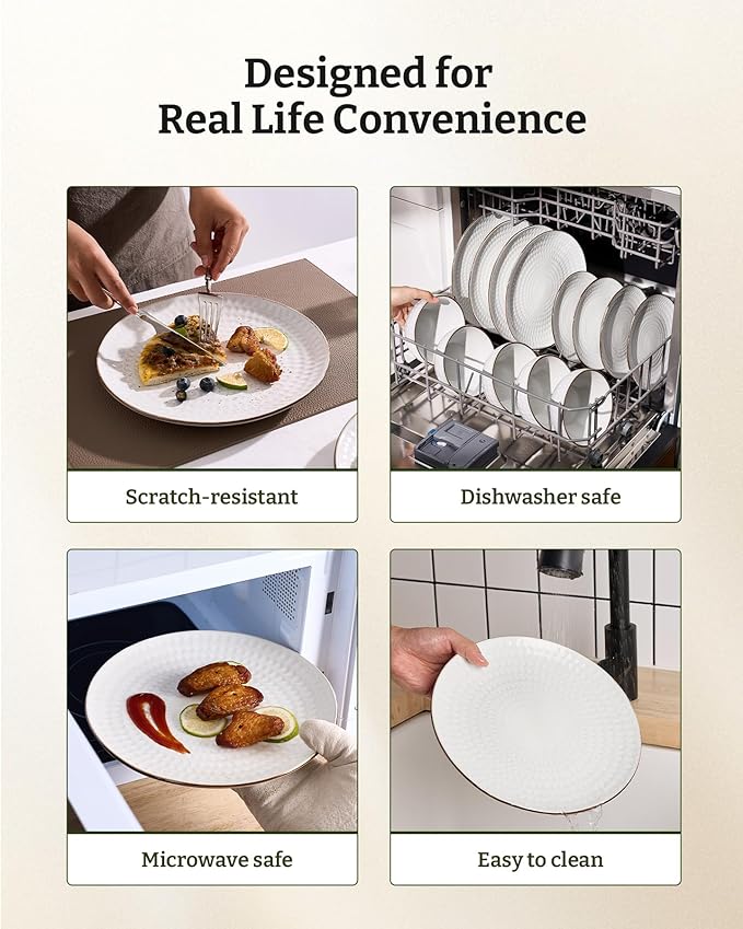 Famiware Eden Plates and Bowls Sets, Stoneware Dinnerware Sets with Gold Trim, 12 Pieces Dishes Set for 4 - Chip and Scratch Resistant, Microwave and Dishwasher Safe, White Circle