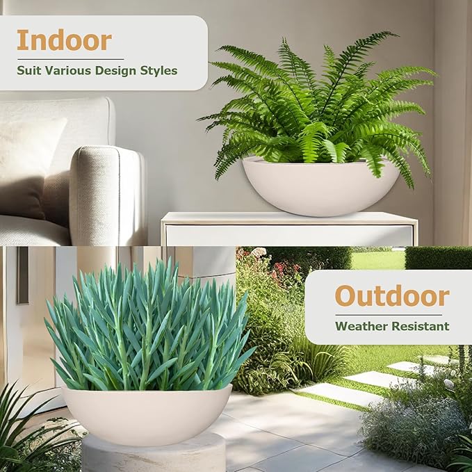 7.7" H x 22" D Round Bowl Fiberstone Planter for Succulent and Lotus with Drainage Hole, Smooth Finishes, Weather Resistant, Included 2 Extra Coco Mats (Kilim Beige, 19.9" Pot Opening)