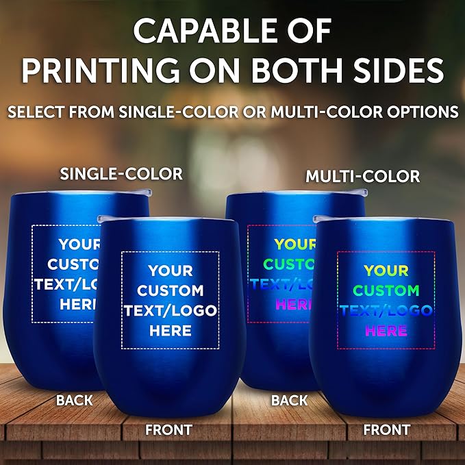 Custom Stemless Wine Glass Tumblers with Lids by Largo 11 oz. Set of 24, Personalized Bulk Pack - Perfect for Wine, Cocktails, Other Hot & Cold Beverages - Blue