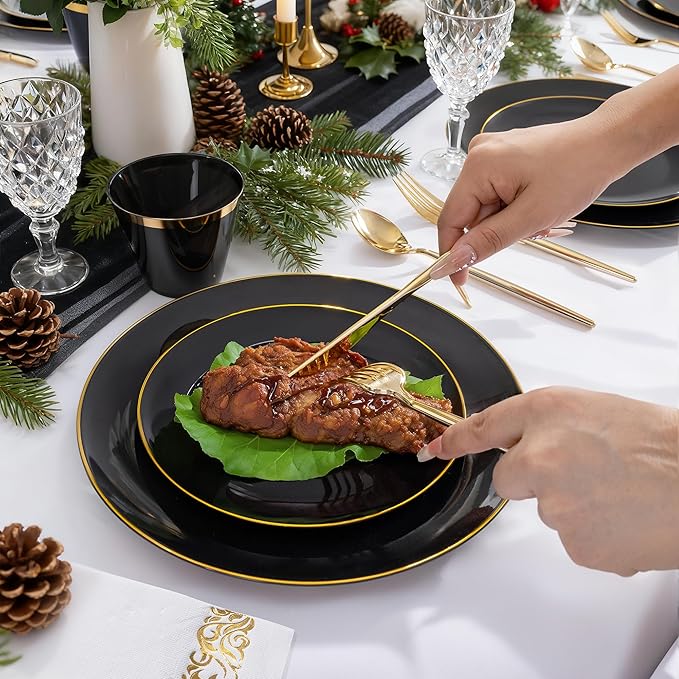 MirthMood 210Pcs Black and Gold Disposable Plates,Black Plates, Black and Gold Plates Include 30 Dinner,Dessert Plate,30 Cup&30 Napkins, 90 Gold Silverware for Wedding & Party & Birthday & New Year