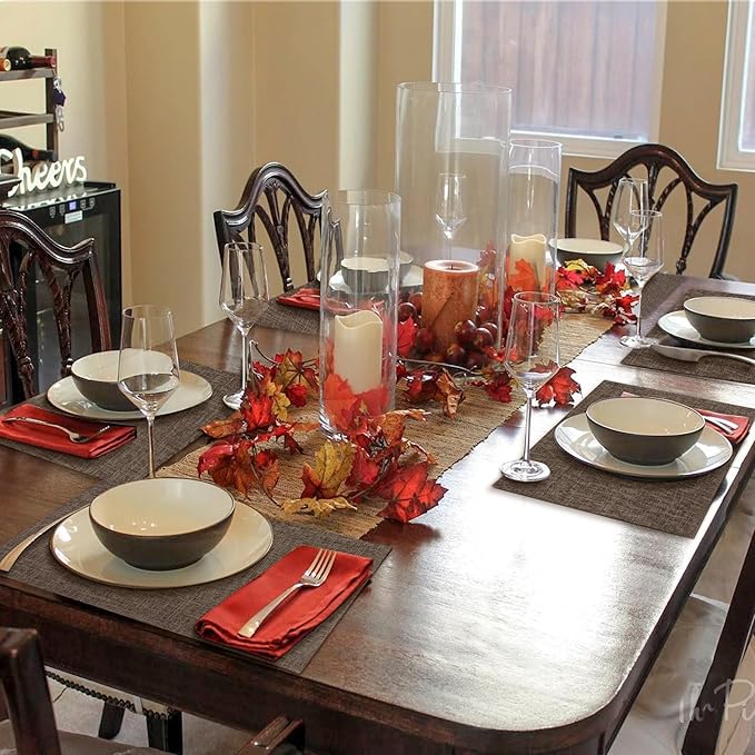 Placemats Set of 8, Faux Linen Dining Table Mats Heat Resistant Placemats for Kitchen Table, Washable Anti-Slip Place Mats, Kitchen Placemats Easy to Clean(Dark Brown)