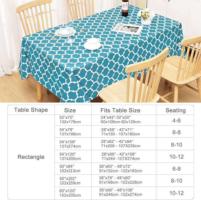 Smiry Rectangle Table Cloth, Wipeable Spillproof Plastic Tablecloths for Dining, Waterproof Vinyl Tablecloth with Flannel Backing for Rectangle Tables, Camping, Outdoor and Indoor (70"x90", Teal)
