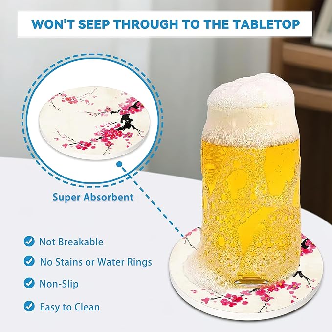 Drinks Coasters Set of 4, Japanese Sun Cherry Blossom Round 4" Cup Coasters, Absorbent Ceramic Stone Coasters with Cork Base, Cute Coasters for Table Home Décor, Ideal Gifts for Women Men
