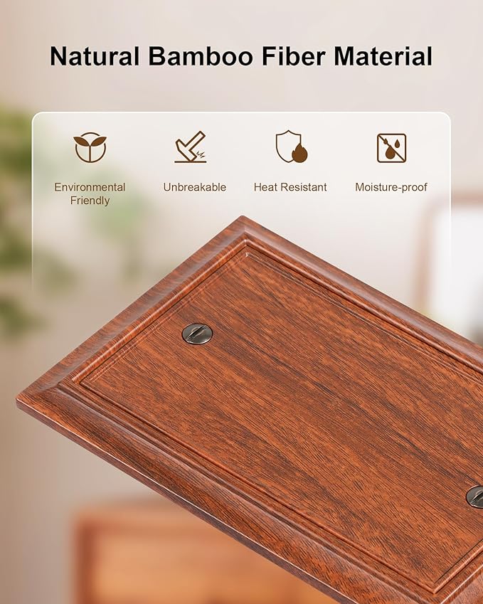 2-Pack Single Blank Wall Plate, Durable Natural Bamboo Fiber Wall Plate Cover,Wood Grain 1 Gang Wall Plate for Unused Outlets/Switches, Corrosion Resistant