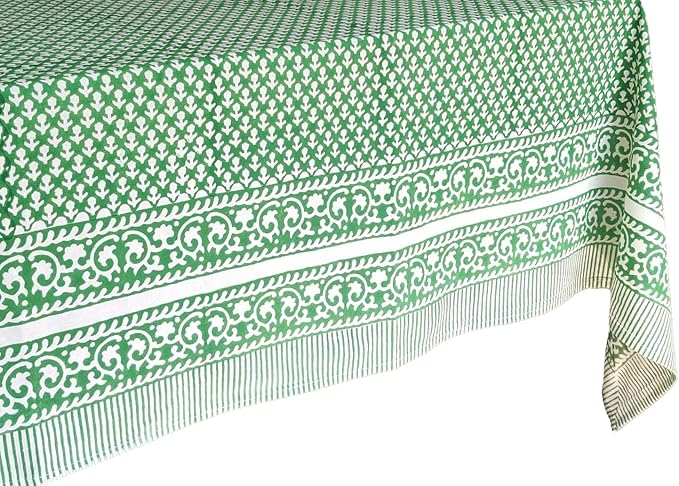 ATOSII Queen Green 100% Cotton Tablecloth, Handblock Print Rectangle Table Cover for Kitchen Dining I Tabletop Linen I Parties, Thanksgiving, Christmas, Wedding, Fall Table Cloth 60 X 108 Inches