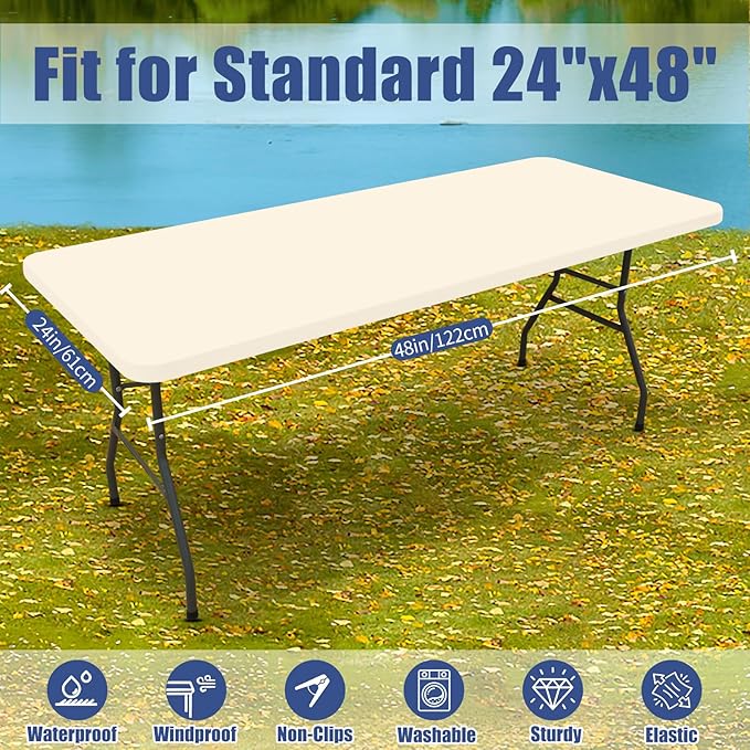 Spandex 4 Foot Rectangle Table Cloth 2 Pack, Elastic Fitted Tablecloths for Picnic, Stretch Washable Patio Table Cover for Outdoor, Camping, Banquet and Parties (Champagne, 24"x48")