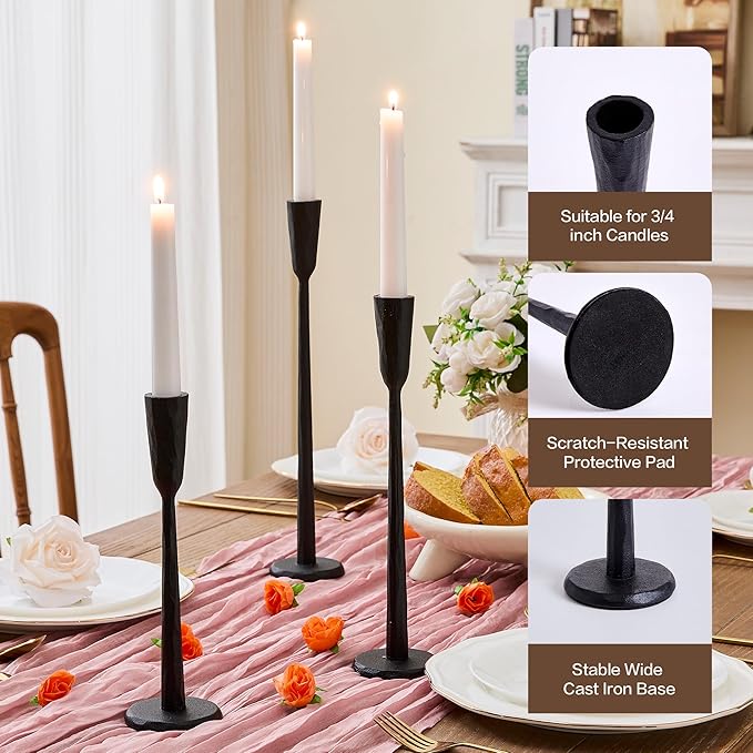 Cast Iron Taper Candle Holder Set of 3, Heavyweight Tall Candlestick Holders, for Fireplace Mantle & Dining Table, Versatile Decor for Wedding, Holiday, Home & Christmas (Black)