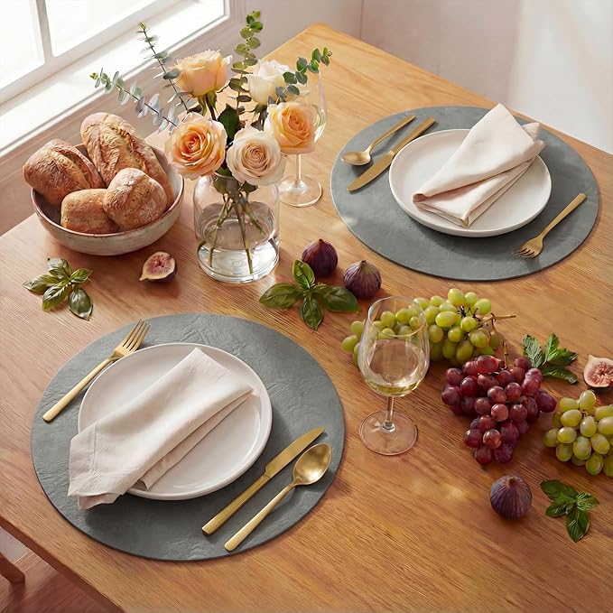 Artoid Mode Grey Faux Leather Placemats Set of 6, 15 Inch Waterproof Wipeable Heat Resistant Vinyl Place Mats, Reversible Table Mats for Winter Kitchen Dining Decor